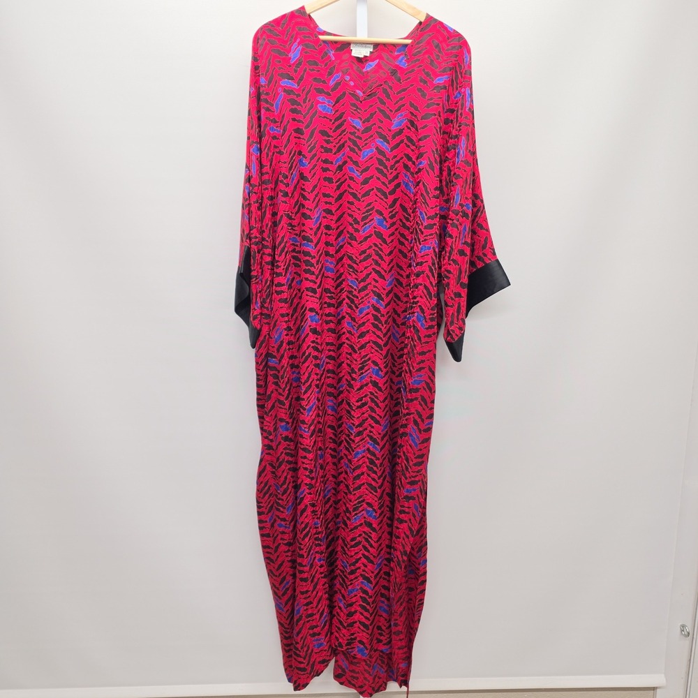 Vintage Saks Fifth Avenue Women Red Silk Abstract Print Kaftan Maxi Dress OS